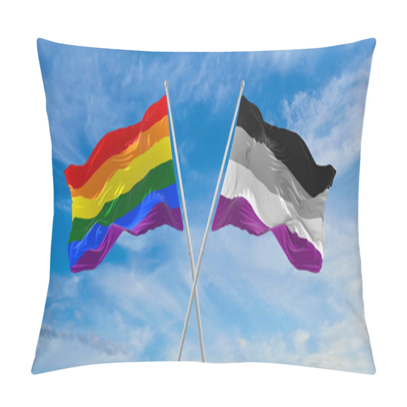 Personality  Crossed Flags Of Lgbt And Asexuality Pride Flag Waving In The Wind At Cloudy Sky. Freedom And Love Concept. Pride Month. Activism, Community And Freedom Concept. Copy Space Pillow Covers