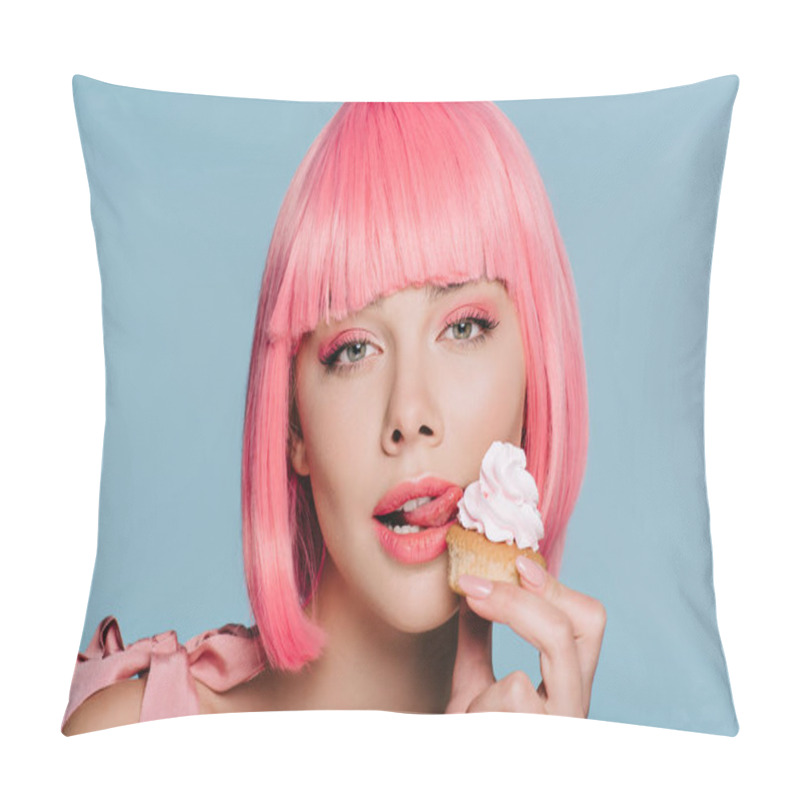 Personality  Fashionable Girl In Pink Wig Licking Buttercream From Cupcake Isolated On Blue Pillow Covers