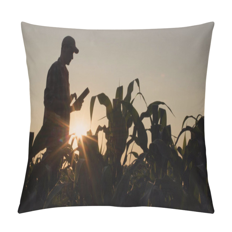 Personality  Silhouette Of A Male Farmer In A Corn Field. Uses A Tablet At Sunset. Pillow Covers