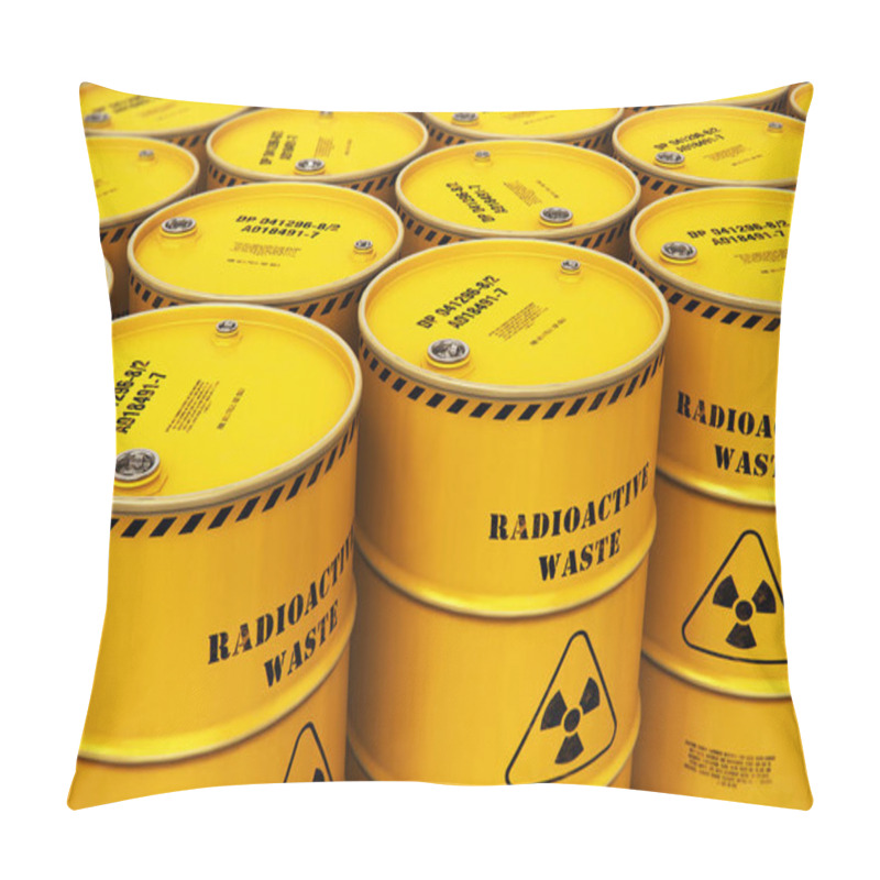 Personality  Creative Abstract Nuclear Power Fuel Manufacturing, Disposal And Utilization Industry Concept: 3D Render Illustration Of The Group Of Stacked Yellow Metal Barrels, Drums Or Containers With Poison Dangerous Hazardous Radioactive Materials In The Indus Pillow Covers