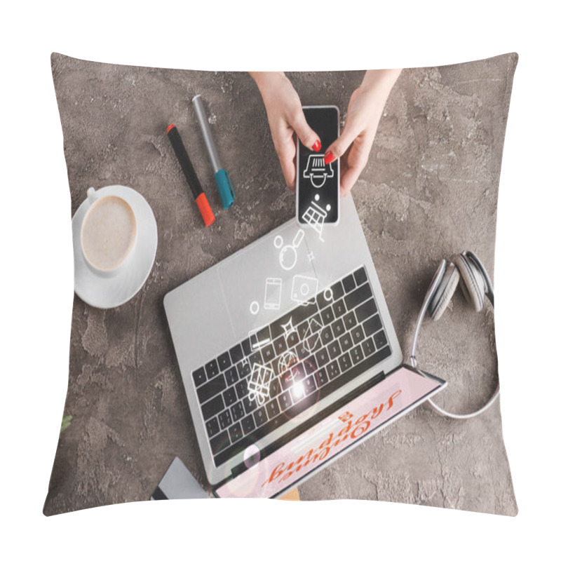 Personality  Top View Of Woman Holding Smartphone Near Laptop, Illustration, Cup Of Coffee, Plant, Headphones And Credit Cards, E-commerce Concept Pillow Covers