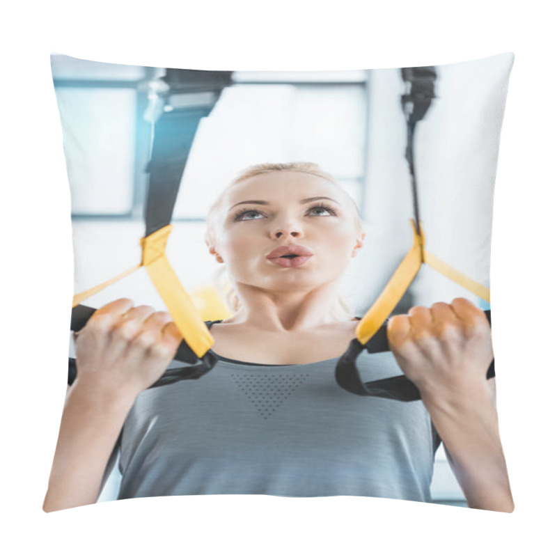 Personality  Blonde Fitness Woman Training With Trx Fitness Straps Pillow Covers