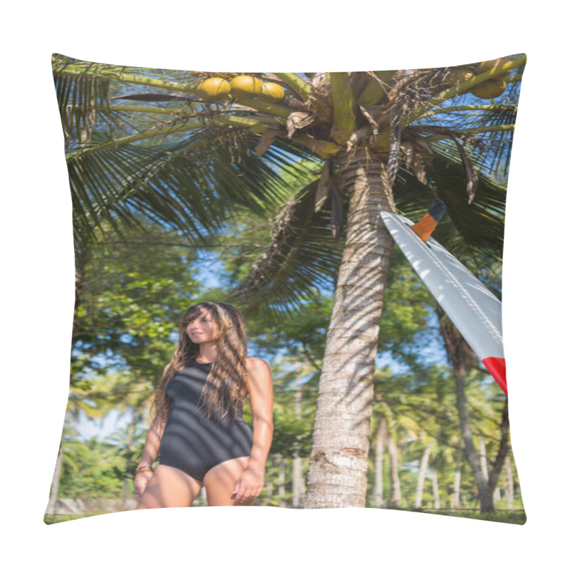 Personality  Young Surfer Posing With Surfboard Near Palm Tree Pillow Covers