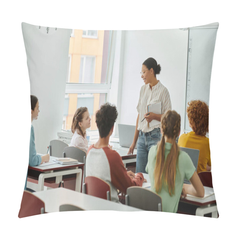 Personality  Smiling Schoolgirl Looking At African American Teacher With Notebook During Lesson In Classroom Pillow Covers