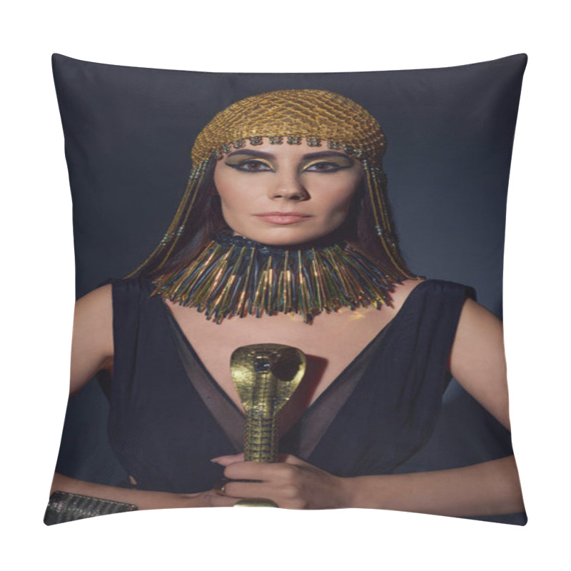 Personality  Portrait Of Woman In Egyptian Look And Headdress Holding Crook In Snake Shape On Blue Background Pillow Covers