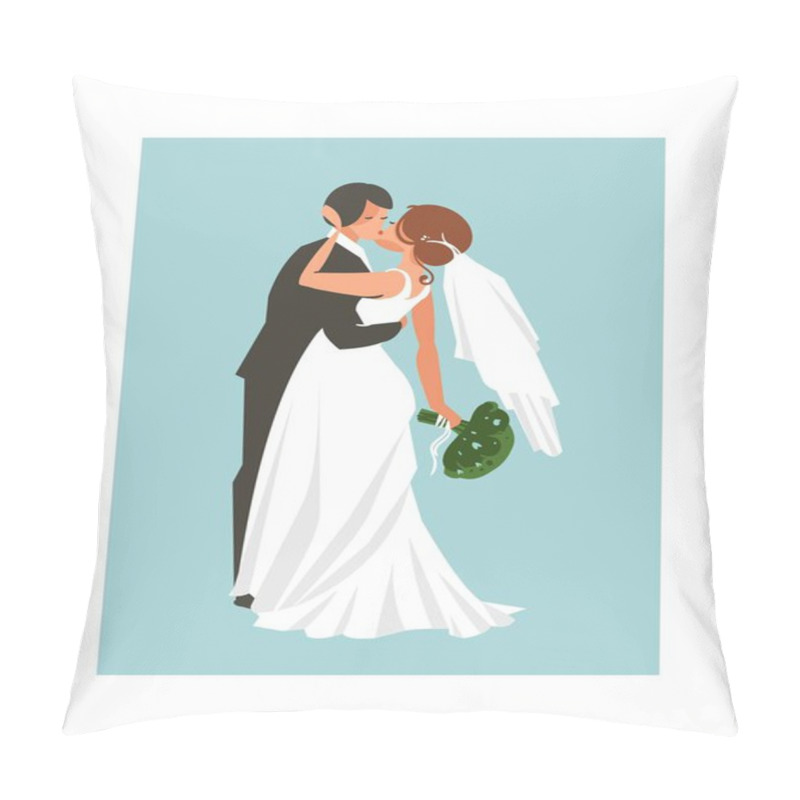 Personality  Hand Drawn Vector Abstract Wedding Hugging And Kissing Couple Illustration Isolated On Blue Background. Pillow Covers