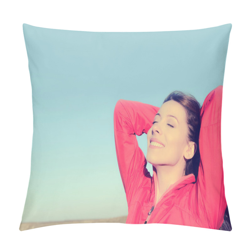 Personality  Woman Smiling Arms Raised Up To Blue Sky, Celebrating Freedom Pillow Covers