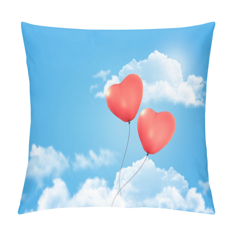 Personality  Valentine Heart-shaped Baloons In A Blue Sky With Clouds. Vector Pillow Covers