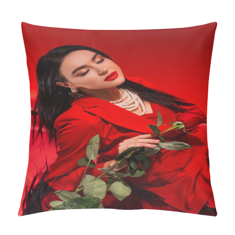 Personality  Young Woman In Jacket And Pearl Necklace Posing With Rose On Red Background  Pillow Covers