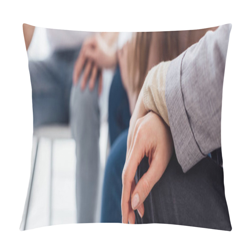 Personality  Panoramic Shot Of Hands Of Woman During Group Therapy Session With Copy Space Pillow Covers