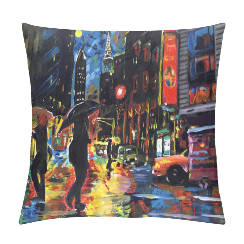 Personality  Acrylic Drawing Of The Night City. People Rush Home, It Rains Ou Pillow Covers