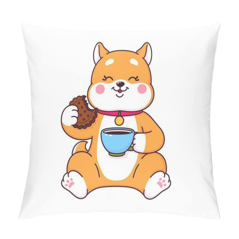 Personality  Cartoon Japanese Kawaii Shiba Inu Puppy Character With Coffee And Donut. Isolated Vector Dog With Happy Smile On Its Face Enjoys A Fun Party. Cute Animal Personage Sipping Drink And Munching Cookie Pillow Covers