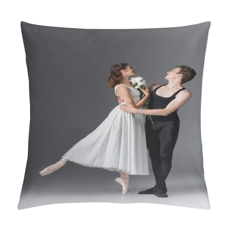 Personality  Full Length Of Graceful Ballerina In White Dress Holding Flowers And Dancing With Partner On Dark Grey Pillow Covers