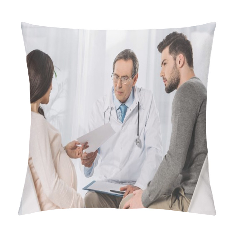 Personality  Doctor Giving Documents To Couple Expecting Child Pillow Covers