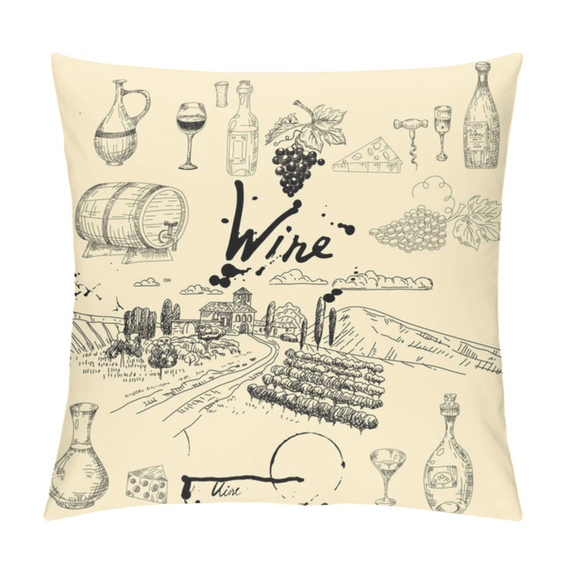 Personality  Set Wine Products And Vineyard Hand Drawn Scetch. Grapes, Wooden Barrel, Bottles,chees, Glass, Corkscrew Vintage Style Unreadable Text. Vector Illustration Pillow Covers