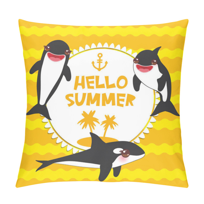 Personality  Cartoon Grampus Set. Hello Summer, Orca, Killer Whale, Sea Wolf Kawaii With Pink Cheeks And Positive Smiling On Yellow Orange Waves Sea Ocean Background Banner Template, Card Design. Vector Illustration Pillow Covers