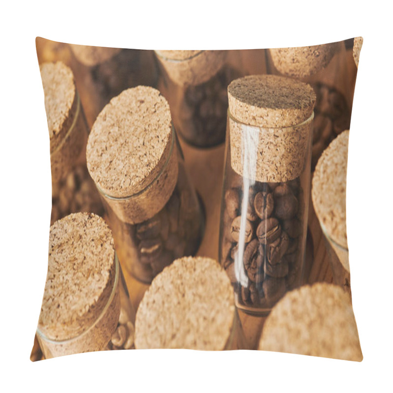 Personality  Coffee Beans In Glass Jars With Cork, Roasted, Caffeine And Energy, Coffee Background, Top View Pillow Covers