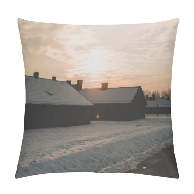 Personality  Oswiecim, Poland - February 16, 2018: The Bricked Hut In Auschwitz Concentration Camp. Pillow Covers