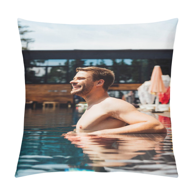 Personality  Happy Shirtless Young Man In Swimming Pool In Sunny Day Pillow Covers