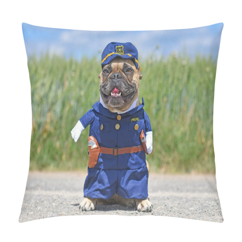 Personality  Funny French Bulldog Dog In Police Officer Halloween Costume With Fake Arms Standing In Front Of Meadow Pillow Covers