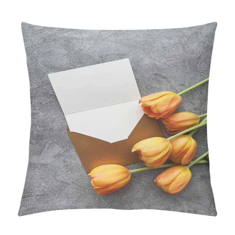 Personality  Aesthetic Arrangement Of Orange Tulips Next To A Blank Envelope. Pillow Covers