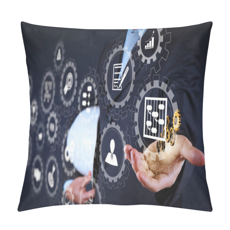 Personality  AR Virtual Screen Dashboard With Project Management With Icons Of Scheduling, Budgeting, Communication.smart Engineer Working On Newtechnology Pillow Covers