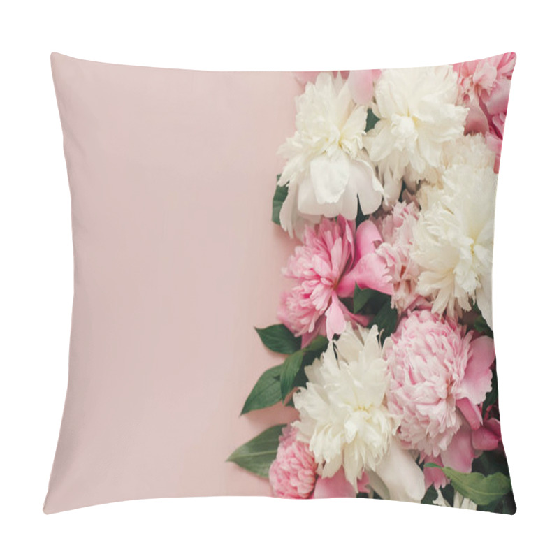 Personality  Stylish Peonies Flat Lay. Pink And White Peonies On Pastel Pink Paper With Space For Text. Hello Spring. Happy Mothers Day, Floral Greeting Card Mockup. International Womens Day. Pillow Covers