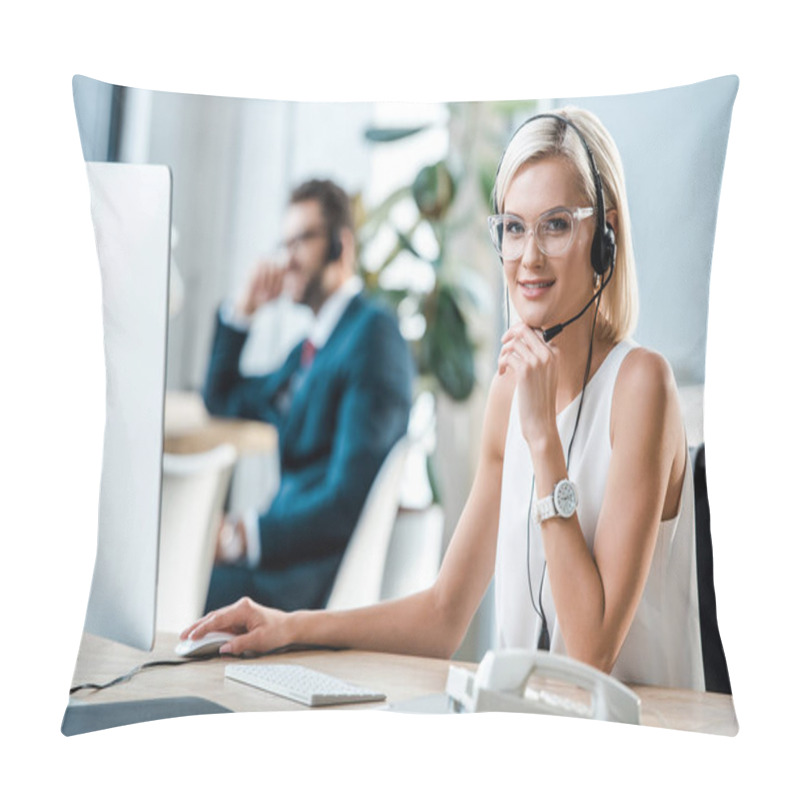 Personality  Selective Focus Of Cheerful Blonde Operator In Headset Looking At Camera  Pillow Covers