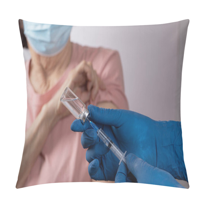 Personality  Elderly Asian Woman Is Vaccinated Against Covid-19 Doctor Draws A Dose Of Vaccine Into A Syringe. Coronavirus Vaccination Elderly Concept. Pillow Covers