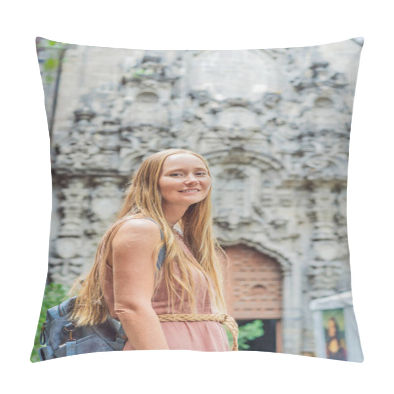 Personality  Female Tourist In The Central Square Of Mexico City, Zocalo. Cultural Exploration, Travel, And Historic Architecture Concept. Pillow Covers