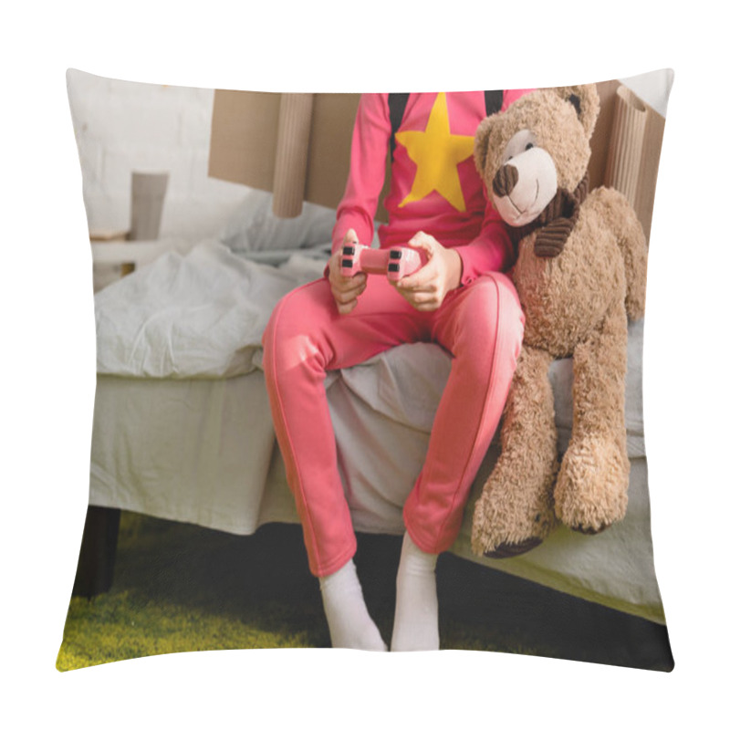 Personality  Cropped View Of Child With Teddy Bear Holding Gamepad On Bed Pillow Covers