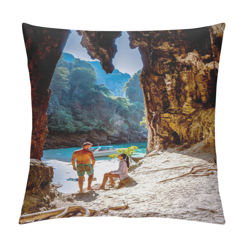 Personality  Hidden Beach With Huge Cave Near Koh Poda Island Krabi Thailand,men At A Limestone Cliff Looking Out Over The Secret Beach At Koh Poda Krabi Thailand, Pillow Covers