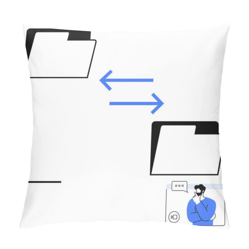 Personality  Two File Folders Linked By Blue Bidirectional Arrows, Symbolizing Data Exchange. Includes A Video Call Interface With A Person Thinking. Ideal For Data Sharing, Cloud Transfer, Collaboration, IT Pillow Covers