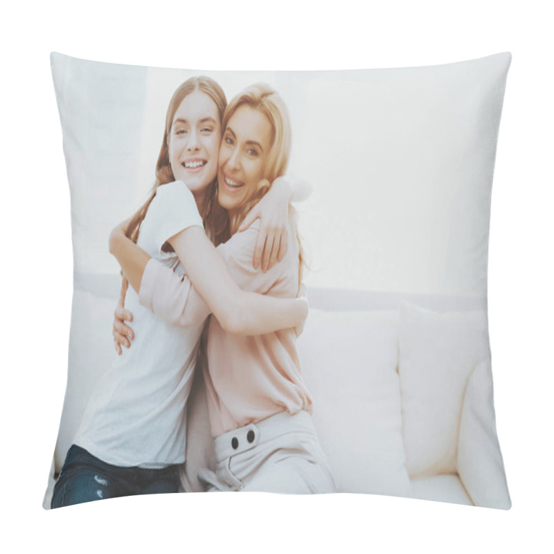 Personality  Happy Mother And Teenage Daughter Embraceing. People In Good Mood. Communication Between Parent And Child. Happy Mother And Daughter. Talking With Smiles. Smiling Women On White Sofa. Pillow Covers