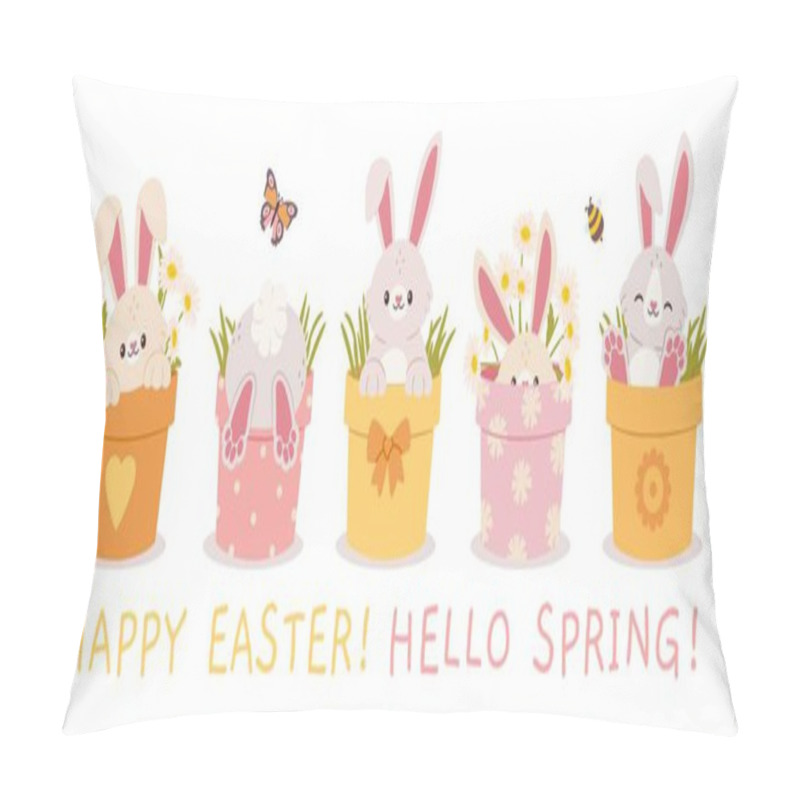 Personality  Cartoon Easter Bunny. Cute Rabbit In Garden Pot. Funny Holiday Bunnies In Plant Pots. Hello Spring. Banner With Cute Animals And Flowers. Springtime Vector Concept. Pillow Covers