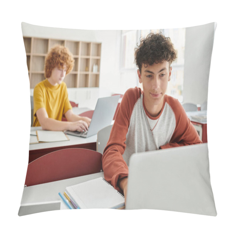 Personality  Back To School, Teen Students Using Laptops In Classroom, E-study, Education, Classmates And Gadgets Pillow Covers