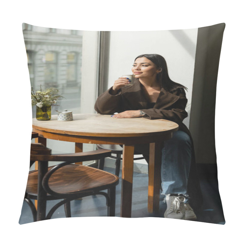 Personality  Smiling Woman With Paper Cup Looking At Prague Street Through Window In Cafe Pillow Covers