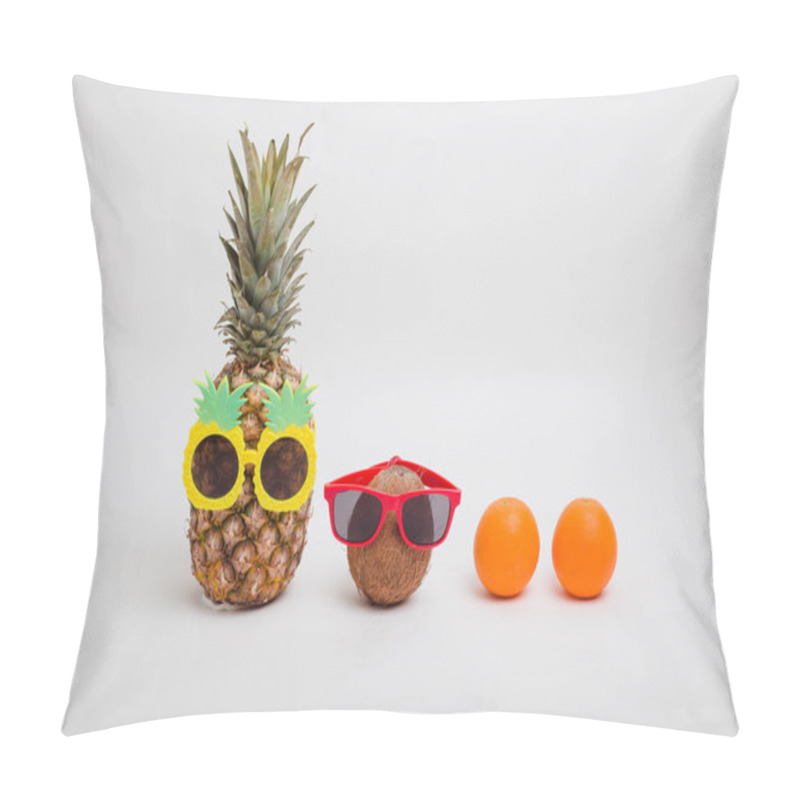 Personality  Pineapples And A Coconut Wearing Sunglasses On White Background Pillow Covers