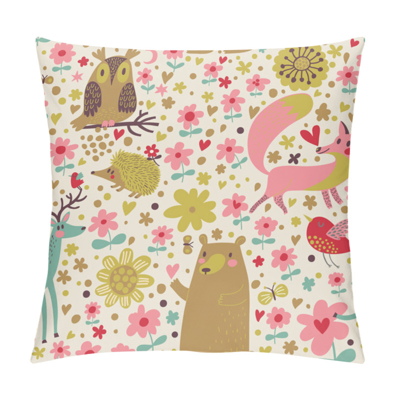 Personality  Fox, Bear, Rabbit, Owl, Snail In Trees And Flowers. Pillow Covers