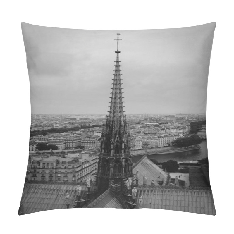 Personality  The Spire Of Notre Dame De Paris, Panoramic View Of Paris And River Seine From The Roof Of Notre Dame Cathedral, France. Cloudy Weather. Pillow Covers