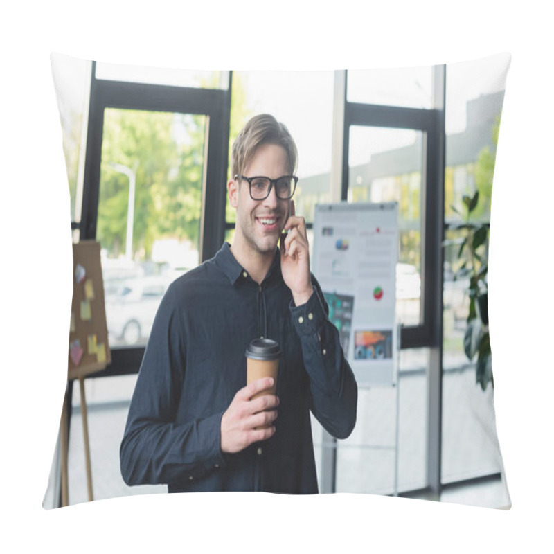 Personality  Smiling Programmer With Coffee Talking On Smartphone In Office  Pillow Covers