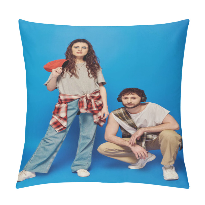 Personality  Trendy Couple, Headphones, Music, Street Wear, Bold Makeup, Woman With Baseball Cap, Blue Backdrop Pillow Covers