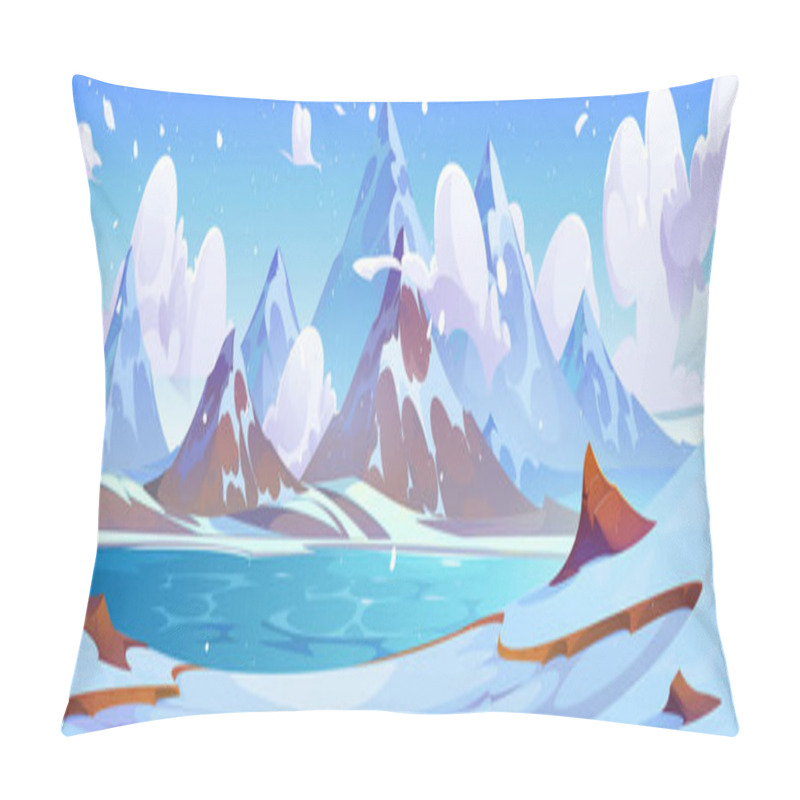 Personality  Winter Snowy Landscape With Frozen Lake Near Rocky Mountains Foot Under Blue Sky With Clouds. Cartoon Vector Panoramic Peaceful Cold Scenery With Pond And Shore Covered With Snow Near High Hills. Pillow Covers