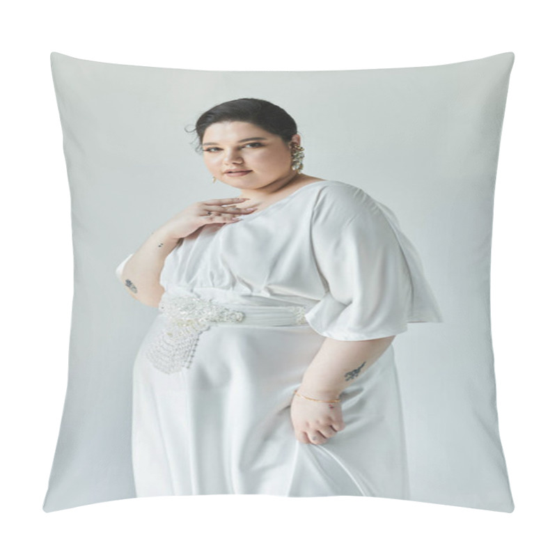 Personality  A Stunning Plus Size Bride Showcases Her Radiant Look In A White Wedding Dress And Shimmering Earrings. Pillow Covers