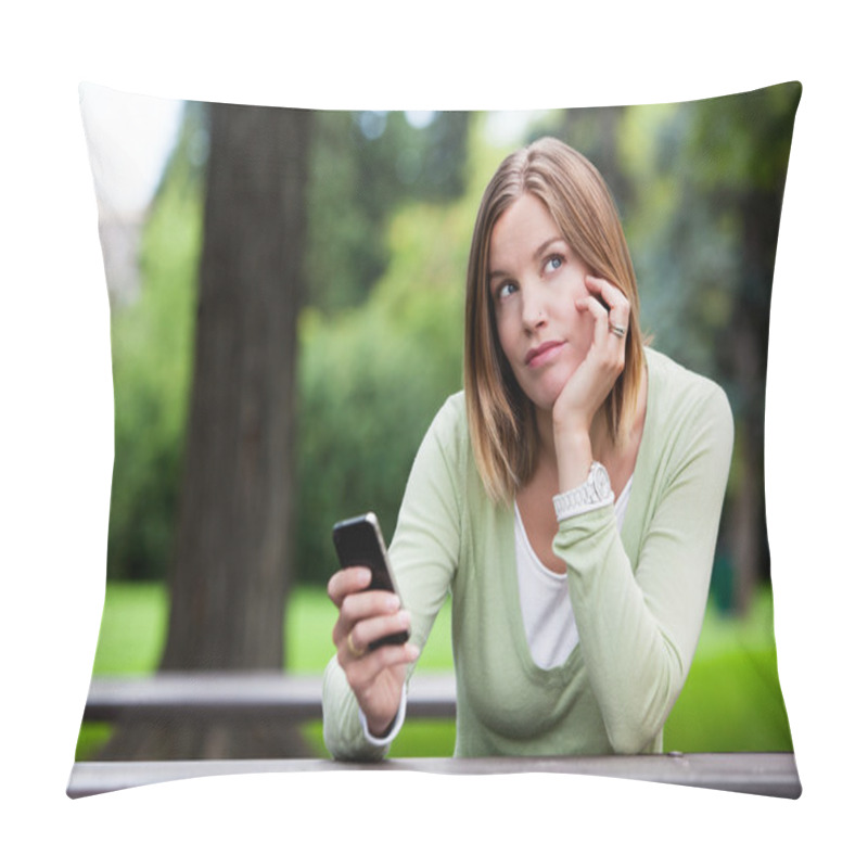 Personality  Thoughtful Woman Holding Cell Phone Pillow Covers