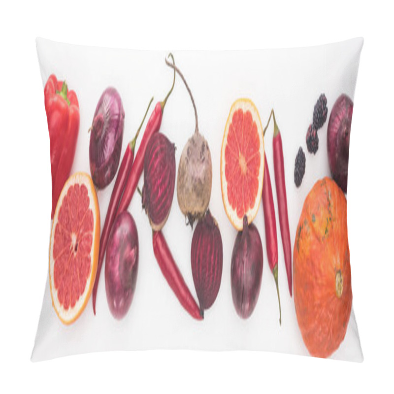 Personality  Panoramic Shot Of Onions, Beetroots, Grapefruits, Peppers, Pumpkin And Berries On White Background Pillow Covers