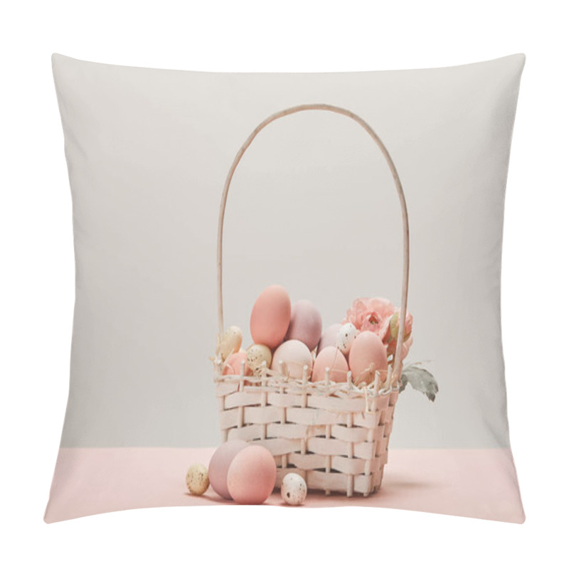 Personality  Eater Chicken And Quail Eggs In Straw Basket With Flower On Grey Background  Pillow Covers