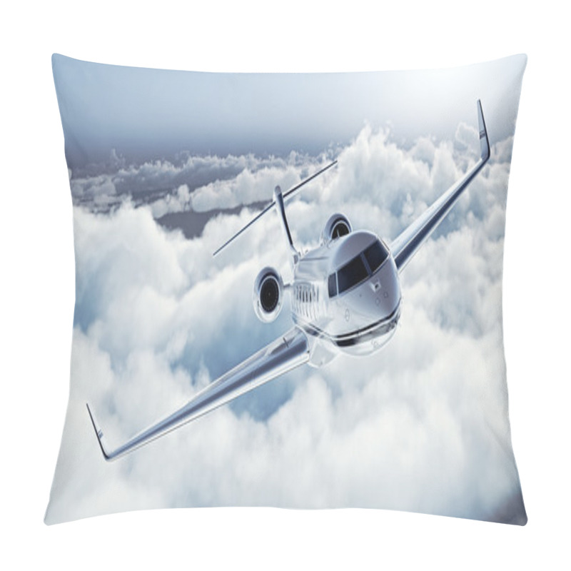 Personality  Realistic Image Of White Luxury Generic Design Private Jet Flying Over The Earth. Empty Blue Sky With White Clouds At Background. Business Travel Concept. Horizontal. 3d Rendering Pillow Covers