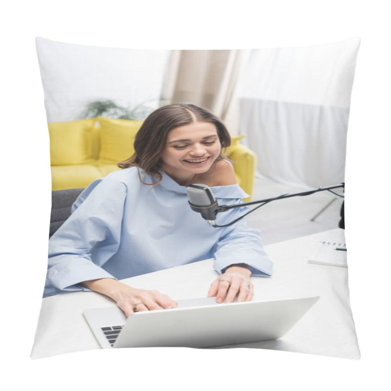 Personality  Carefree Brunette Broadcaster Using Laptop Near Microphone During Stream, Near Coffee To Go And Notebook On Table While Sitting In Podcast Studio  Pillow Covers