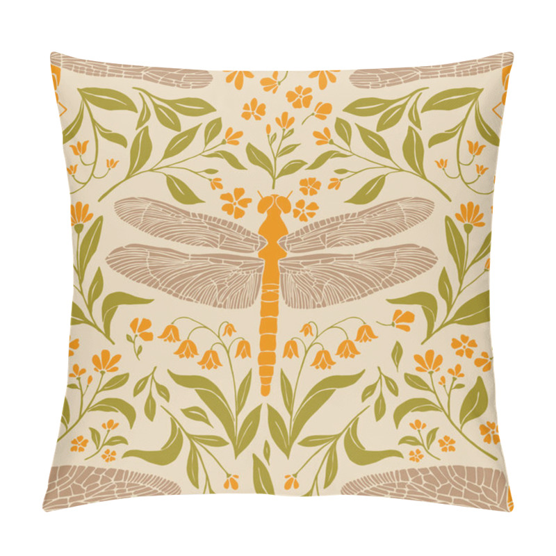 Personality  Vector Hand Drawn Dragonfly Garden Seamless Pattern. Dragonflies In Rich Earthy Tones, Intertwined With Vibrant Orange Flowers And Lush Green Foliage. Cream Background. Great For Fabric And Wallpaper Pillow Covers